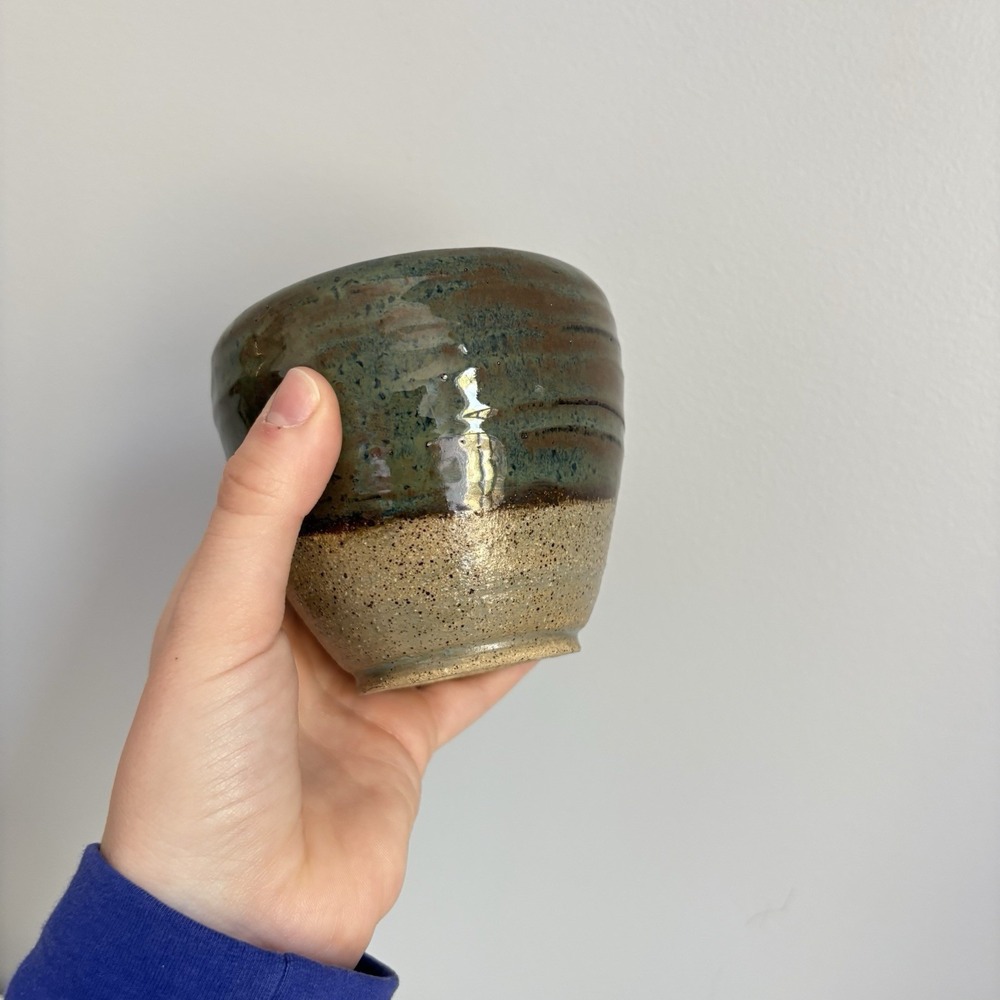 Studio Art Pottery Cup Planter Stoneware Artist Signed Blue Speckled Handmade - Picture 8 of 12